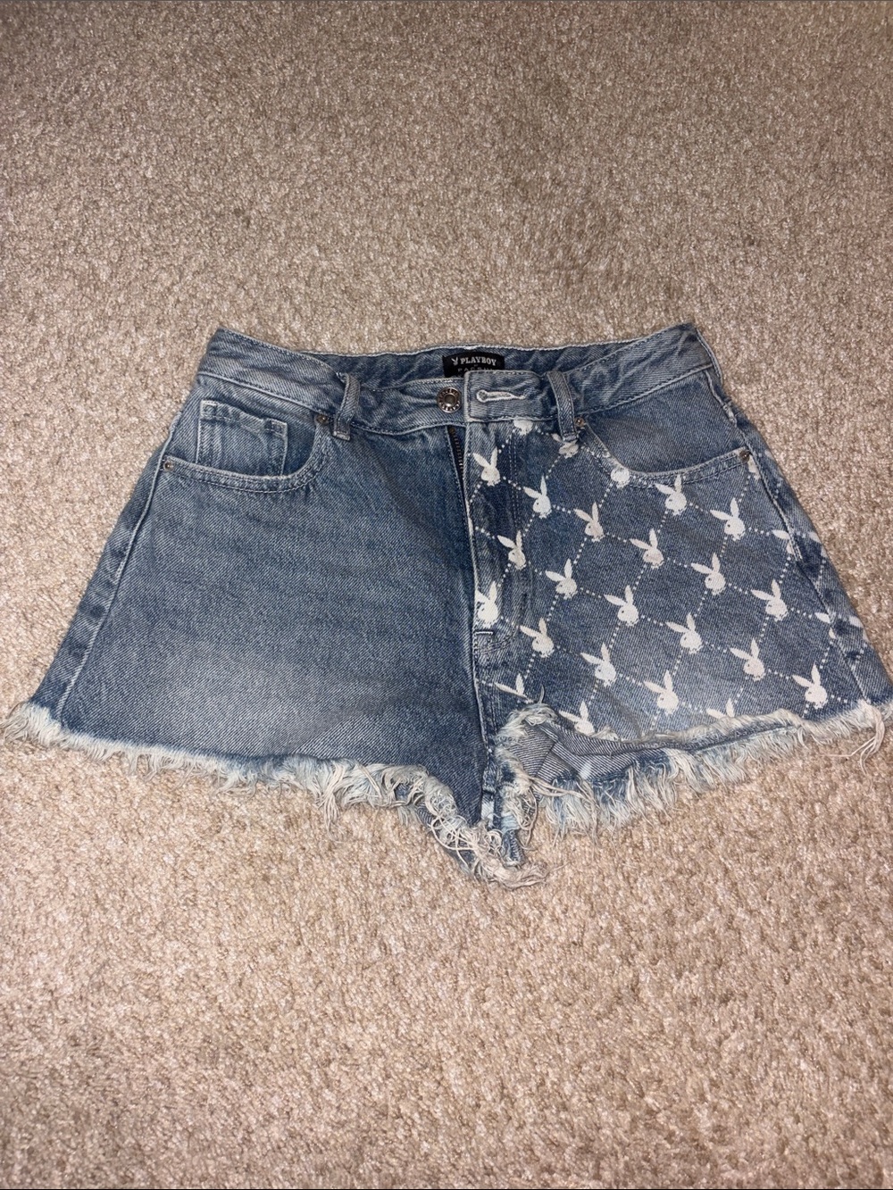 PLAYBOY Two-Tone Blue Denim Bunny Print Shorts